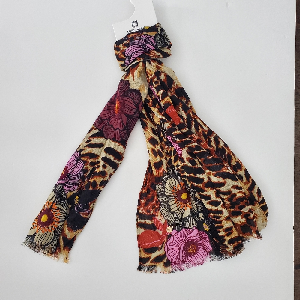 Anne Klein Scarf Vibrant Floral  & Leopard Print Gift For Her Mom Boho Chic Bold